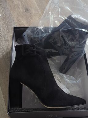 Pella Moda Black Suede Ankle Boots with Buckle Detail